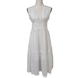 Angel Biba, Size 8, White Halter, Cross Back Strap Tiered Ruffled Maxi Dress NEW